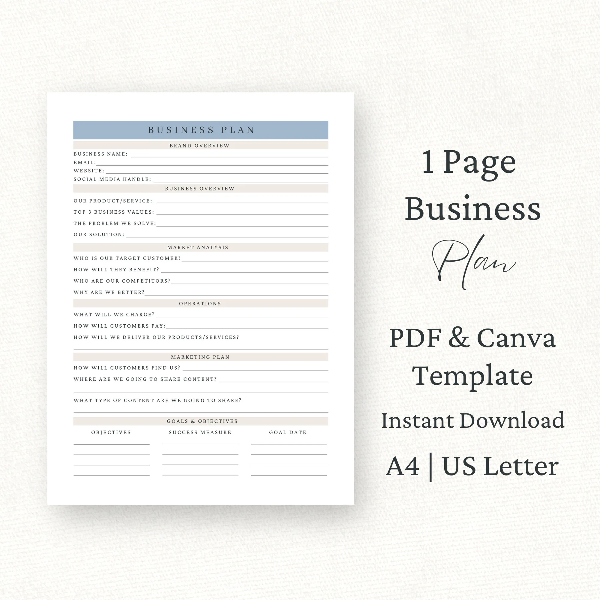 1 Seite Business Plan Vorlage Canva PDF Business Plan Printable 