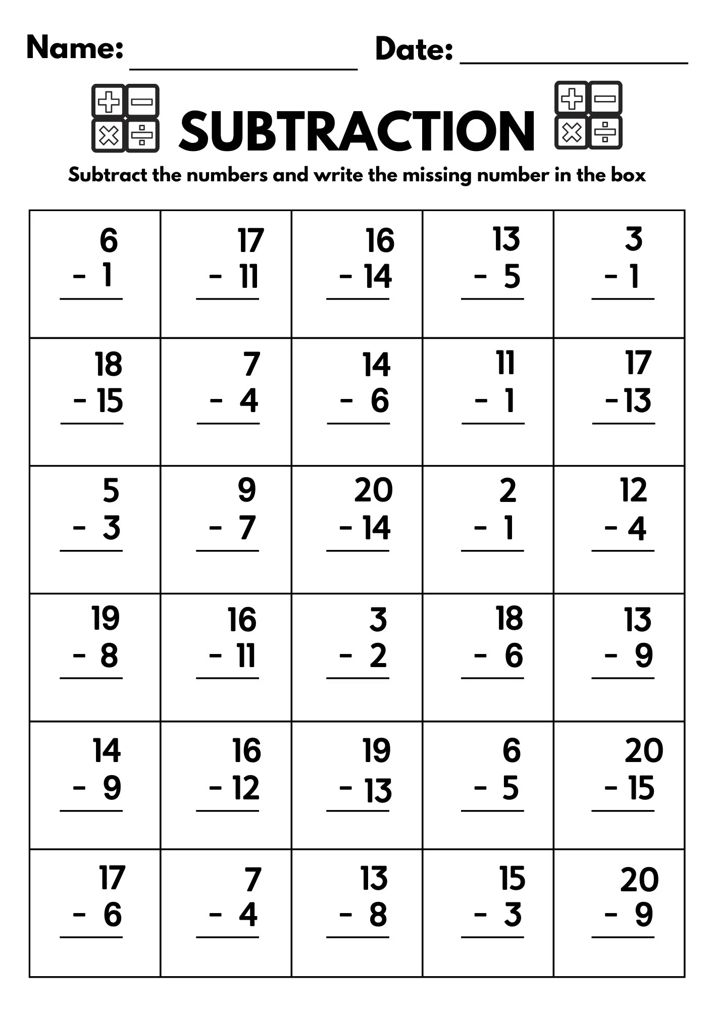 10 Printable Subtraction Fill In The Blanks Worksheets numbers 1 