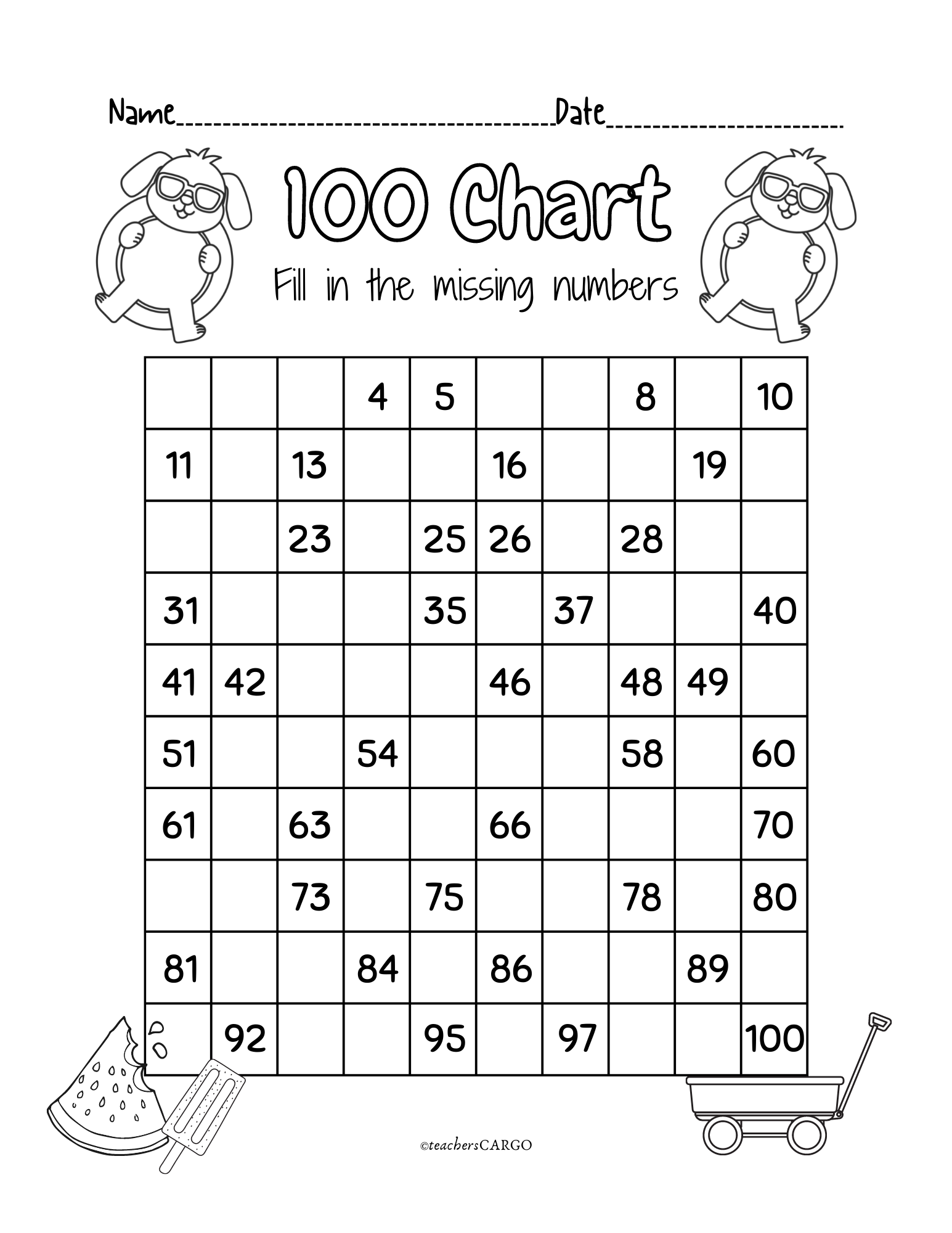 100 Chart Missing Number Fill In The Missing Numbers Worksheet 