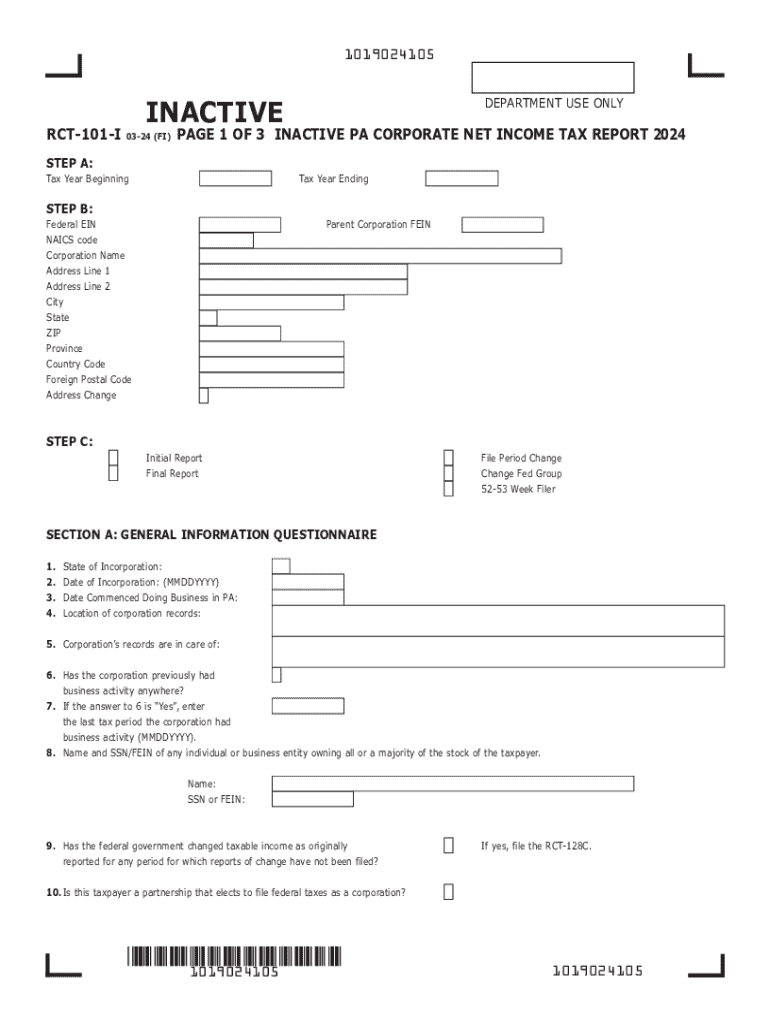 2024 PA Inactive PA Corporate Net Income Tax Report RCT 101 I 