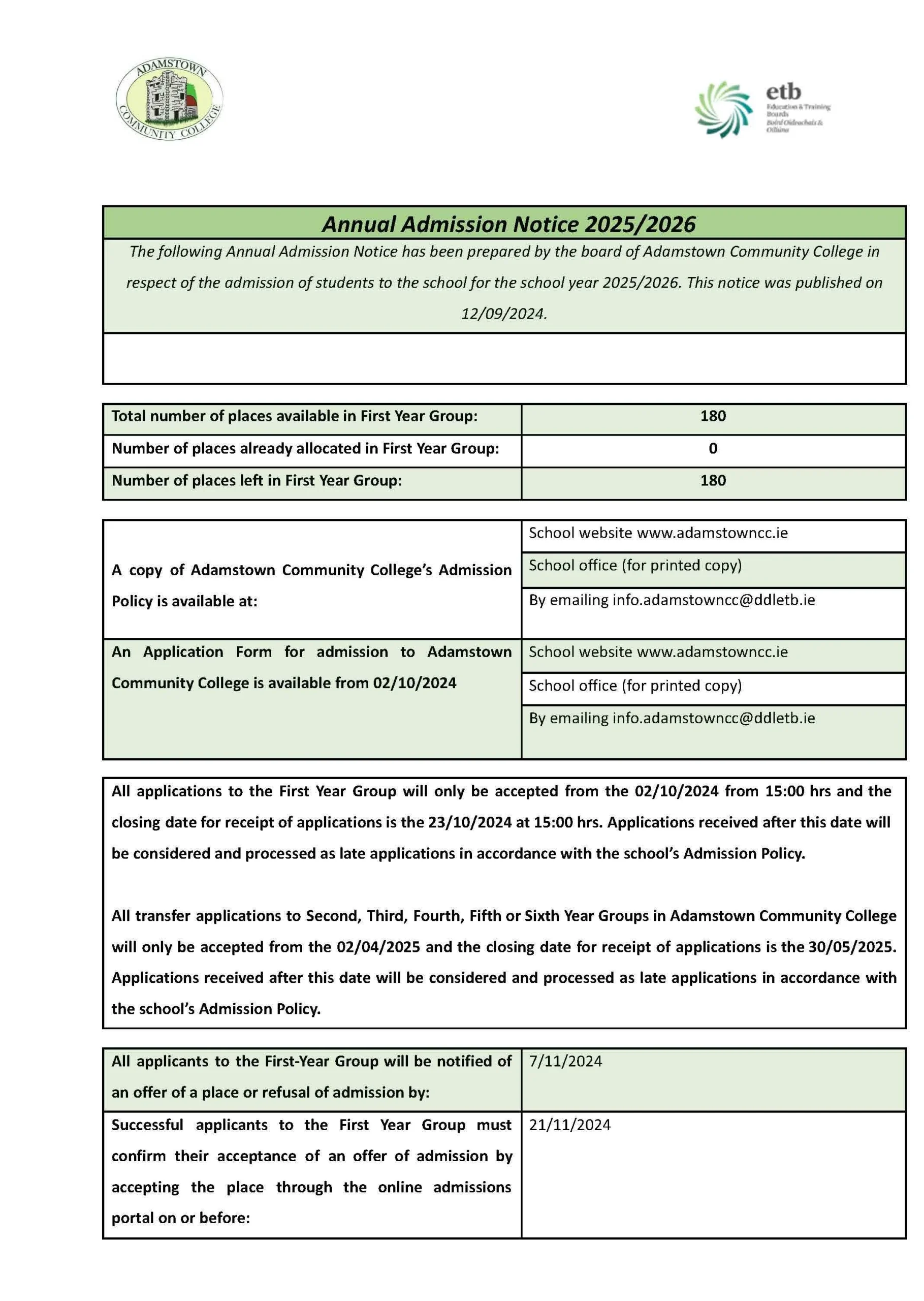 2025 26 Admissions Notice Published Adamstown Community College