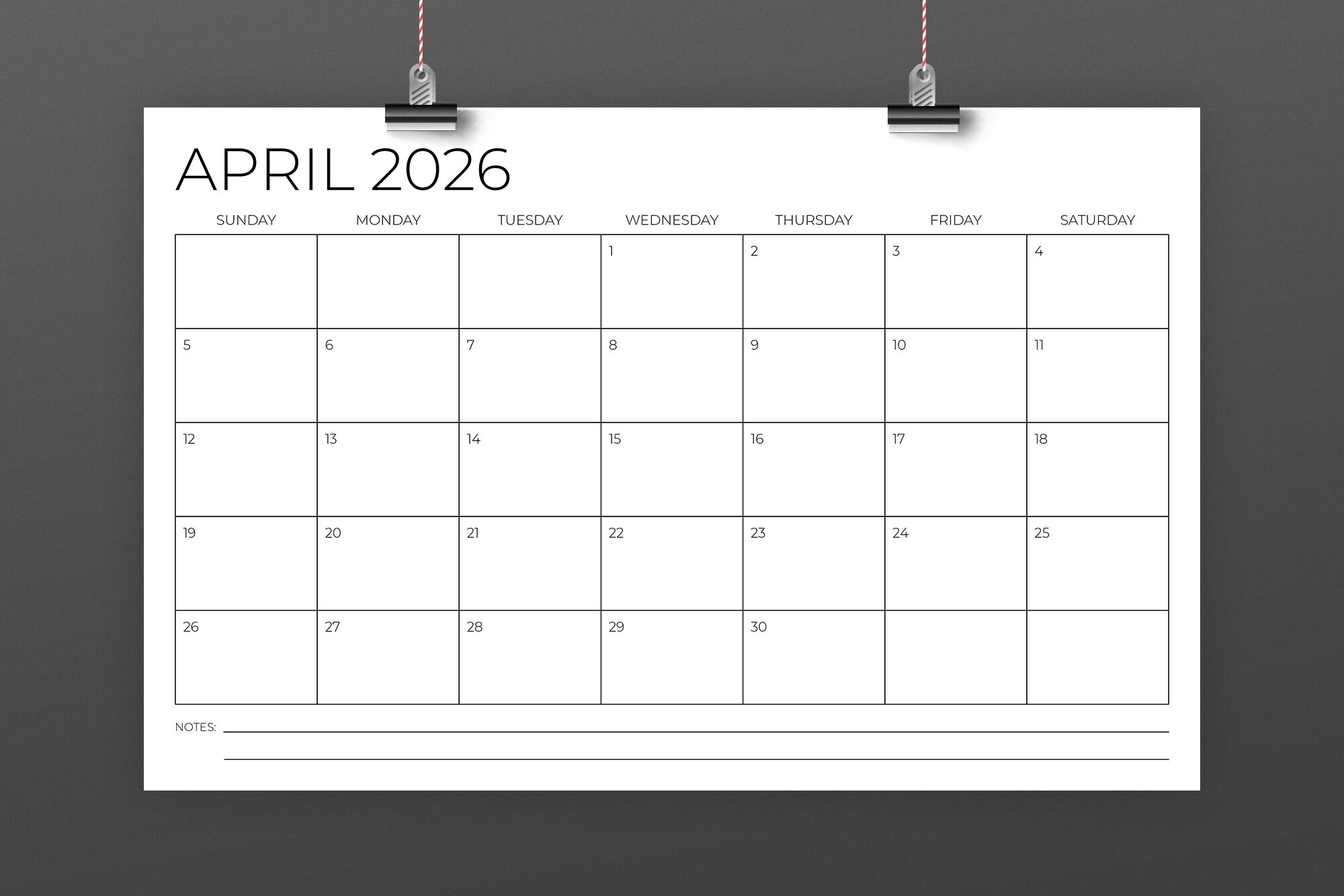 2026 Blank Monthly Calendar Template
