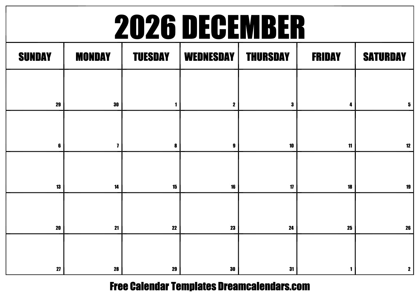 Printable Wall Calendar December 2026