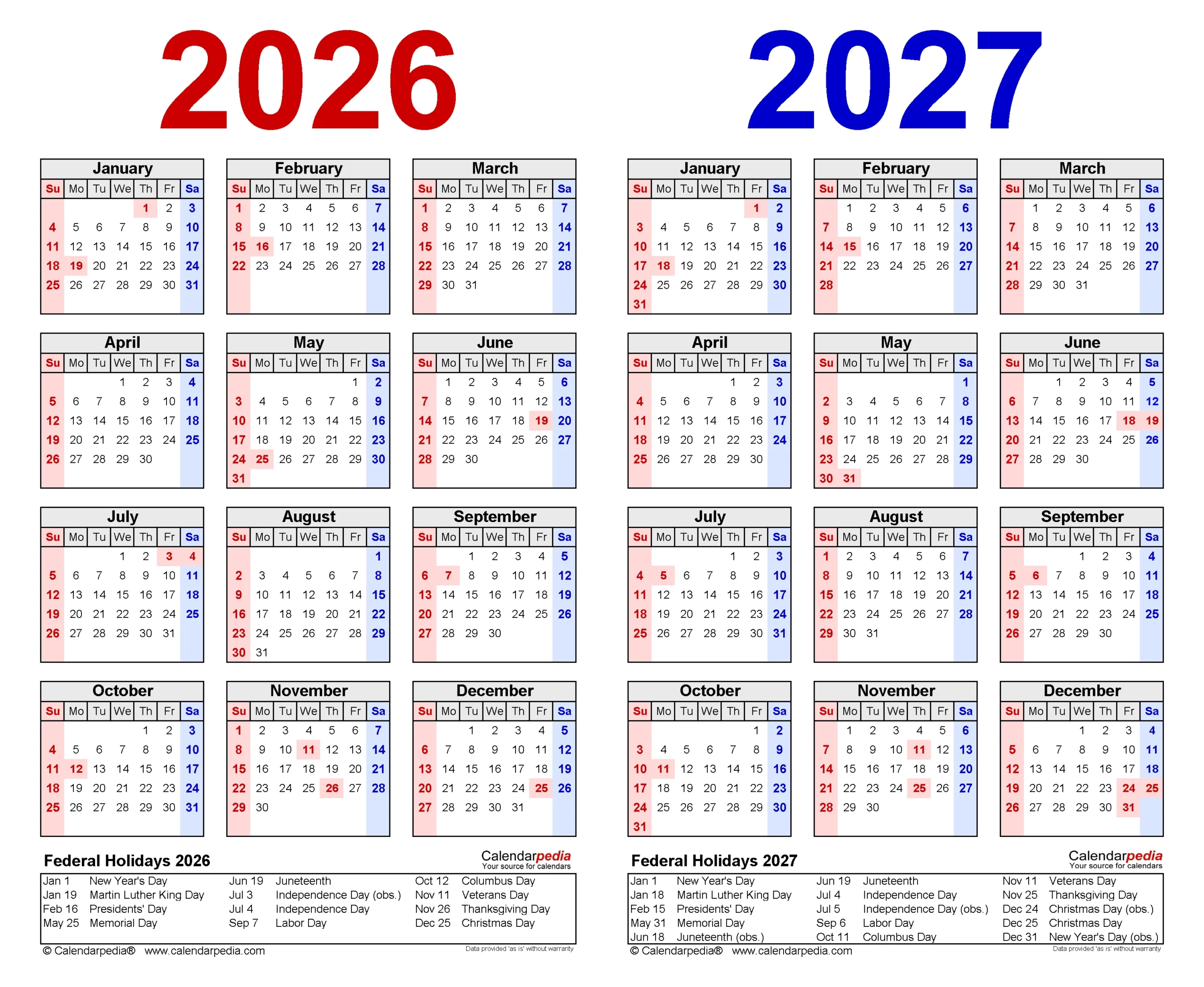 2026 and 2027 calendar with holidays calendar layout ideas