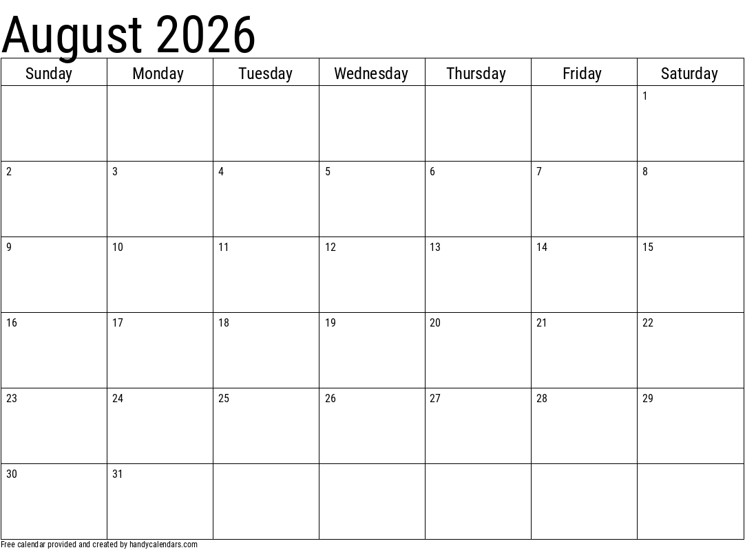 Blank August 2026 Calendar Template