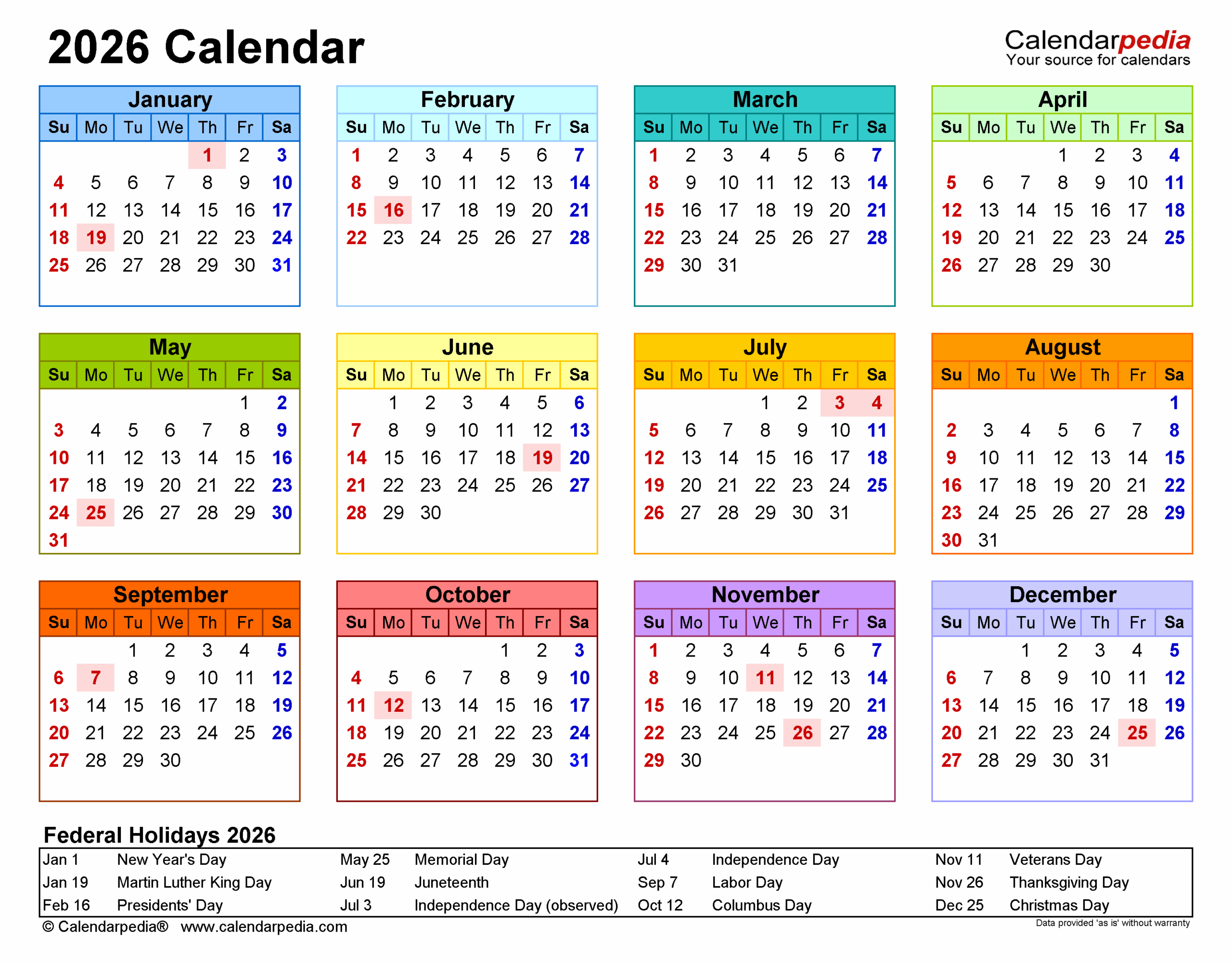Free Printable Calendar 2026 With Holidays