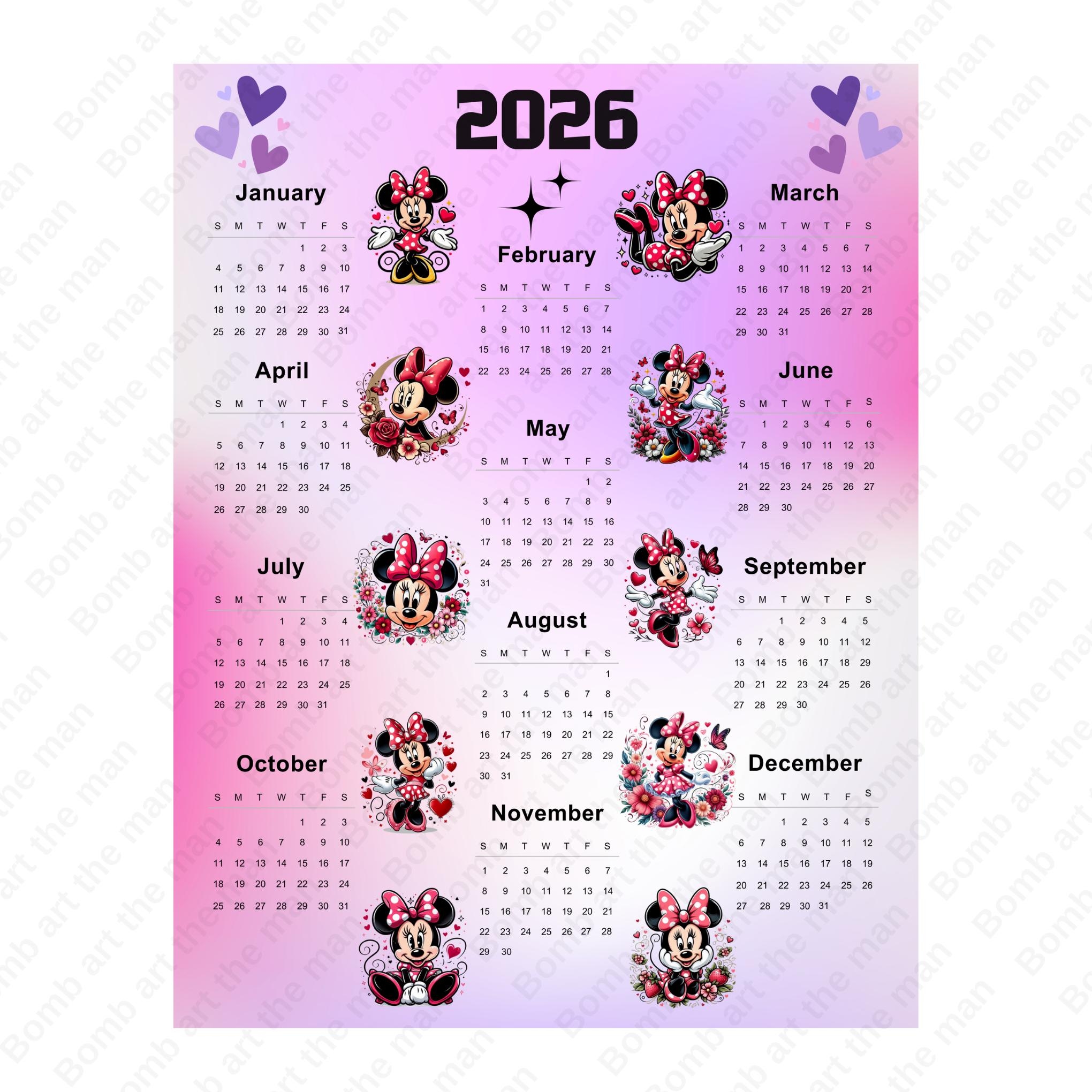 2026 Calendar Minnie Mouse Calendar Printable Kids Calendar 