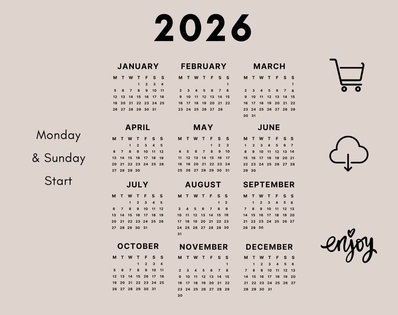 2026 Calendar PNG Sublimation Transparant Background Instant Download 2026 Planner Yearly Calendar