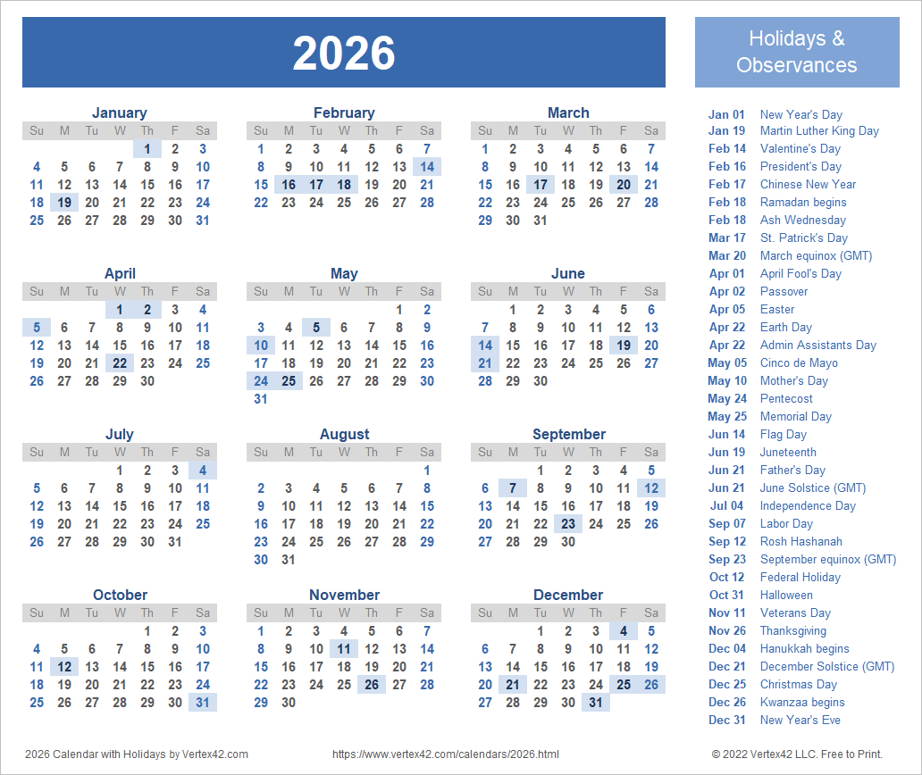2026 And 2027 Calendar With Holidays Printable Free
