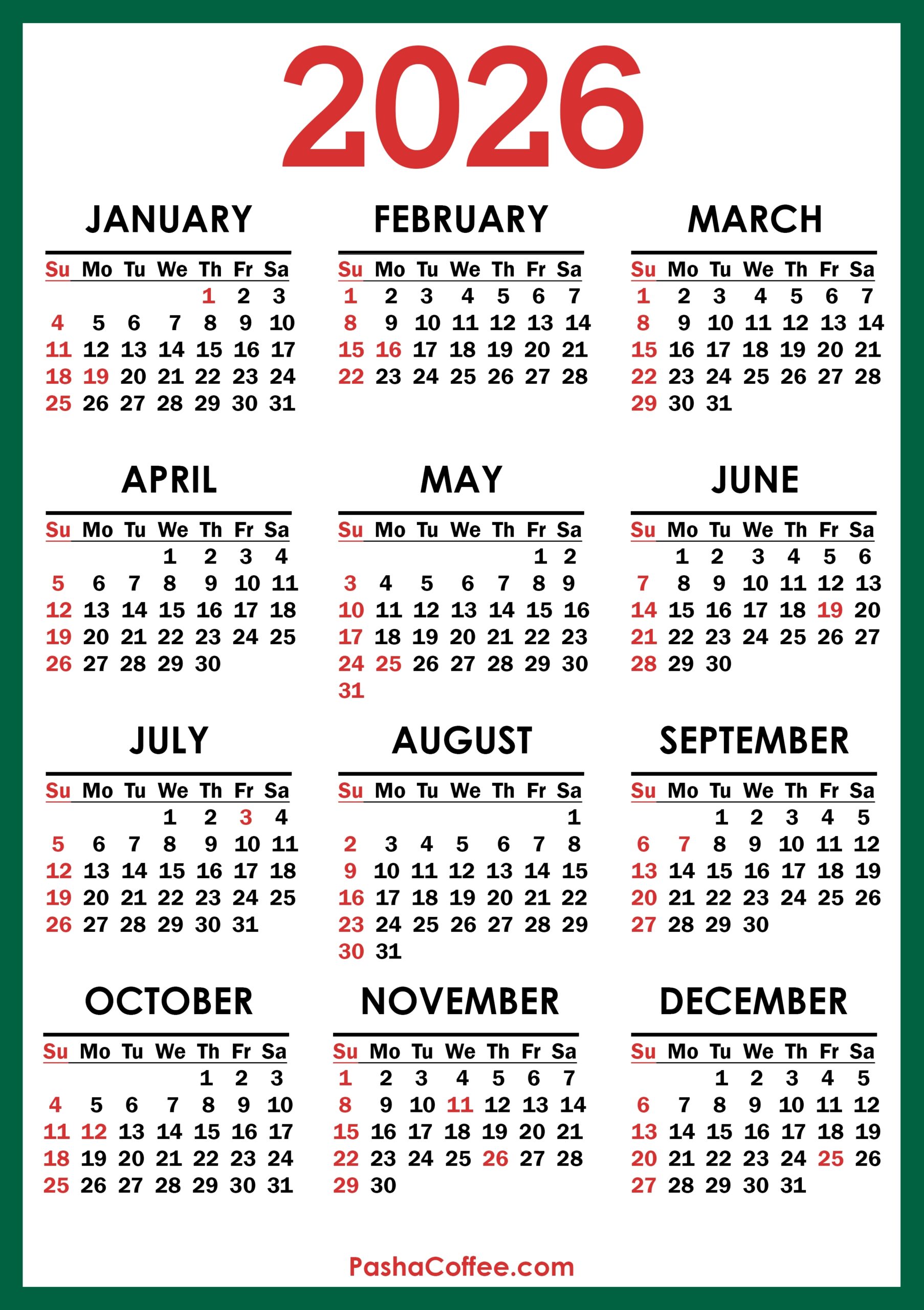 2026 Printable Calendar With Us Holidays