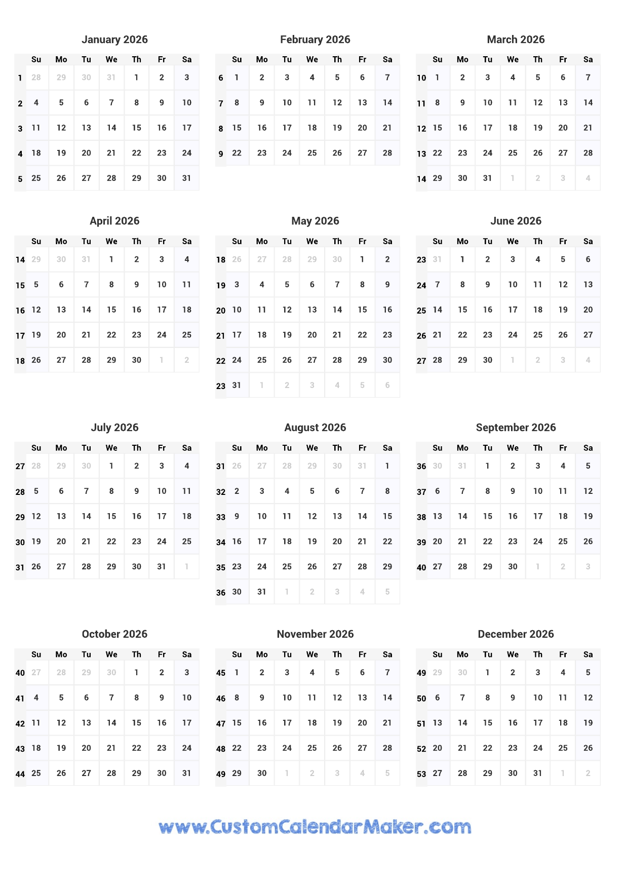 2026 Calendar With Week Numbers Custom Calendar Maker