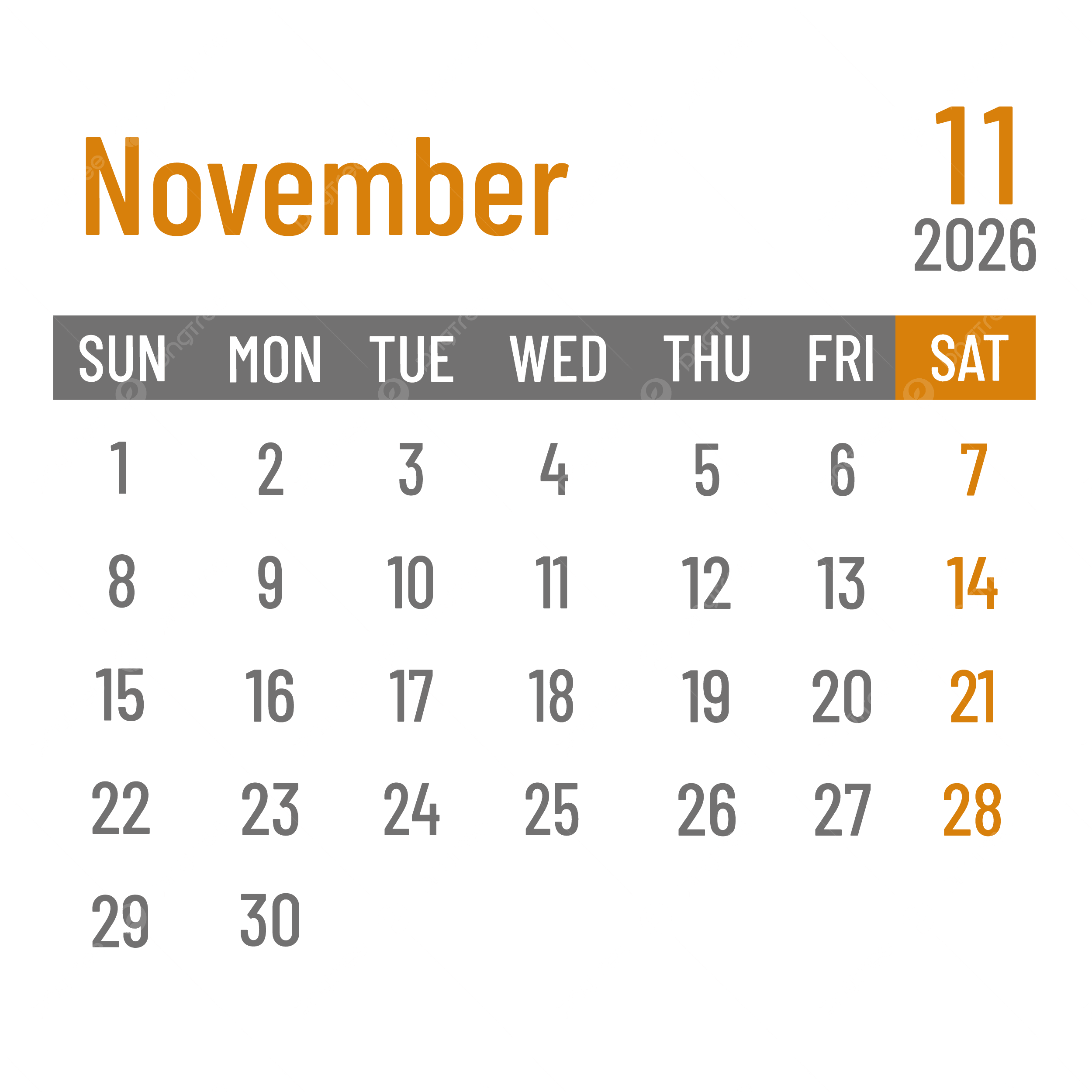 2026 Calendario Ingl s Noviembre Tiempo Vector PNG dibujos 2026 