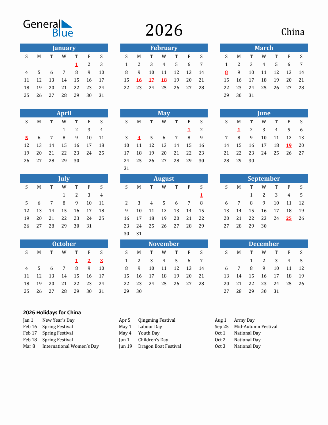 Chinese Calendar 2026 Printable