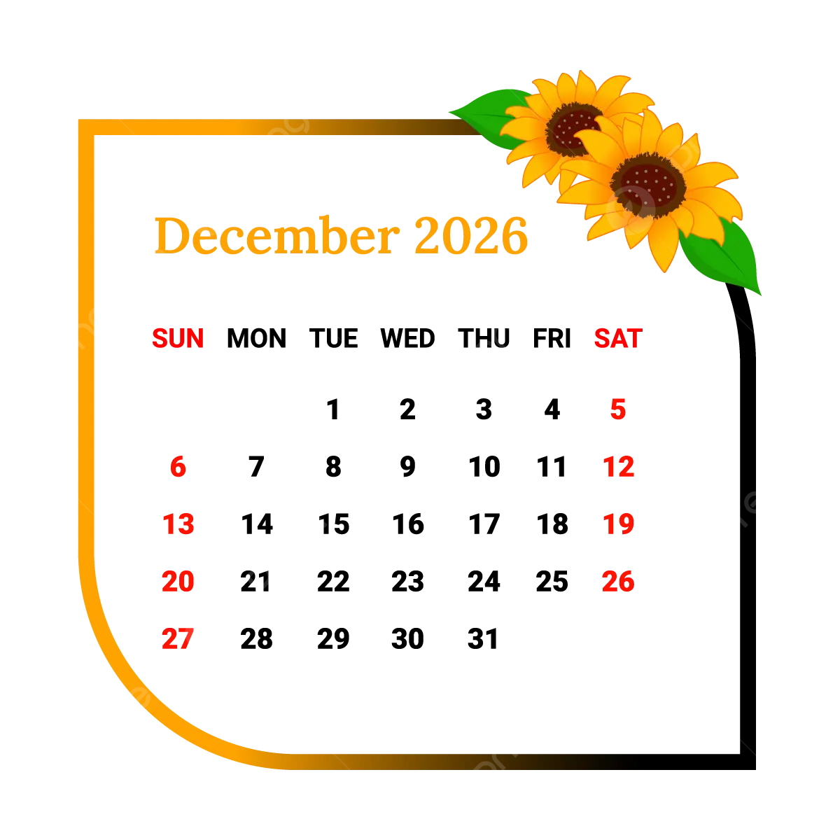 2026 December Calendar PNG Transparent Images Free Download 