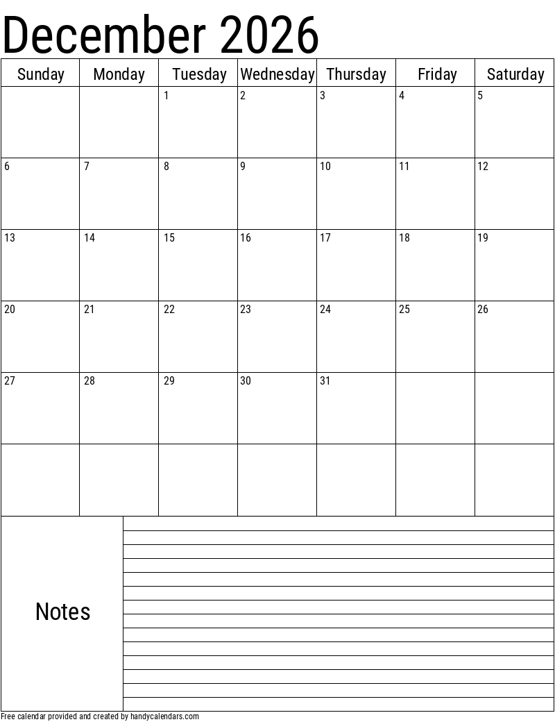 Monthly Calendar Printable December 2026