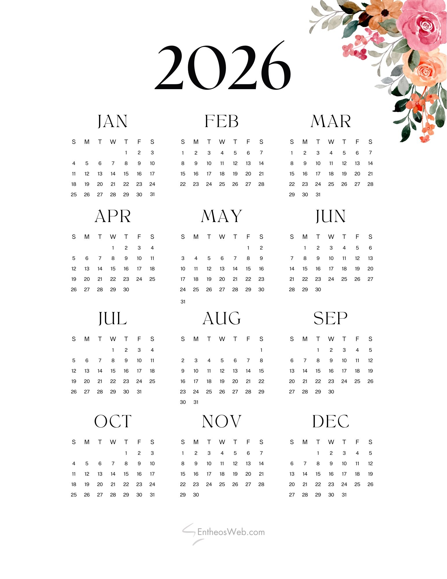 Printable 1 Page 2026 Calendar