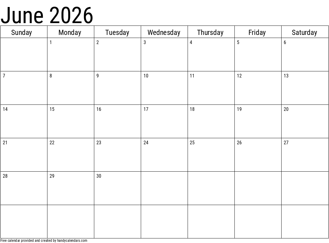 Blank Calendar For June 2026 Printable