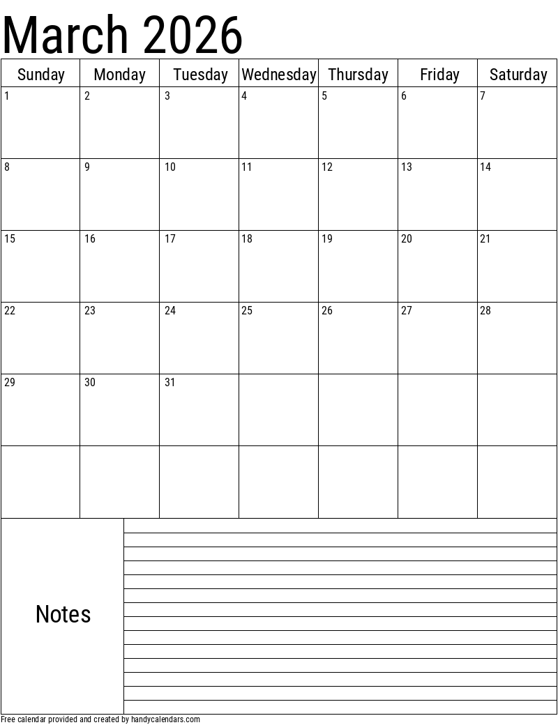 March Printable Calendar 2026