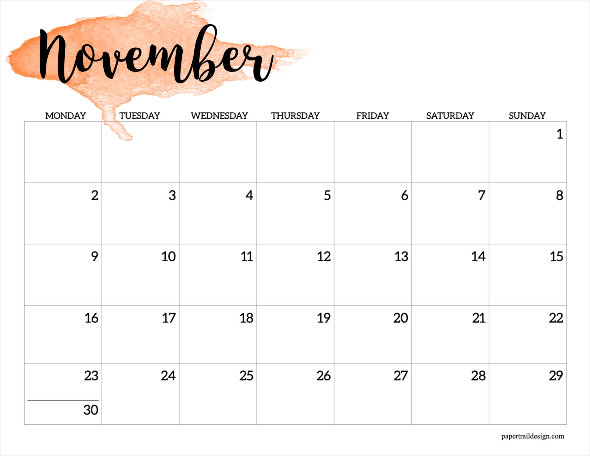 2026 Monday Start Calendar Printable Watercolor Paper Trail Design