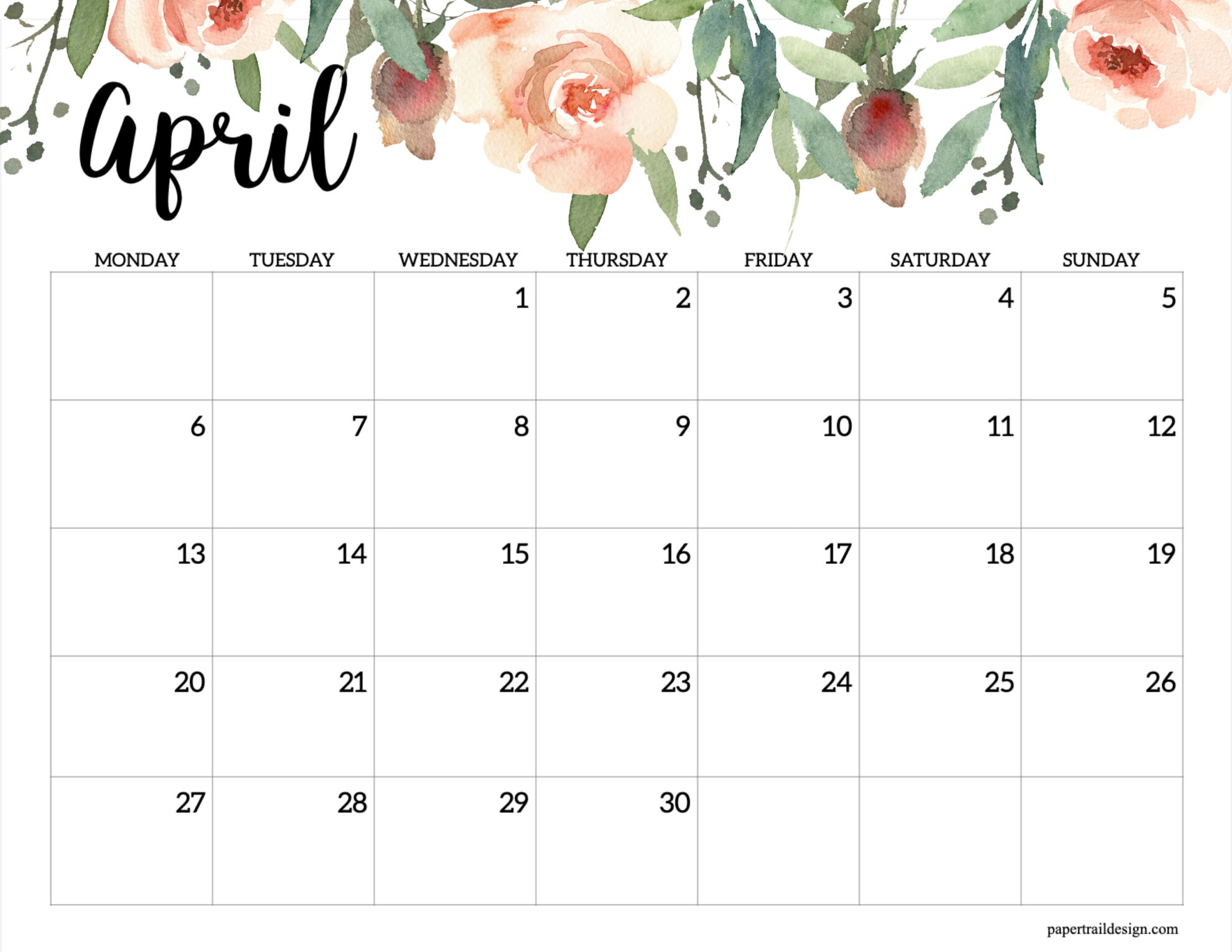 2026 Monday Start Floral Calendar Paper Trail Design