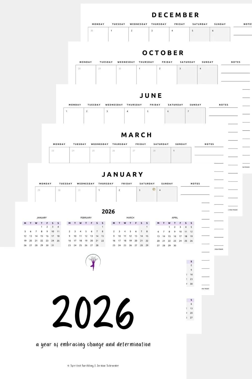 2026 Monthly Printable Planner With Notes Spirited Earthling