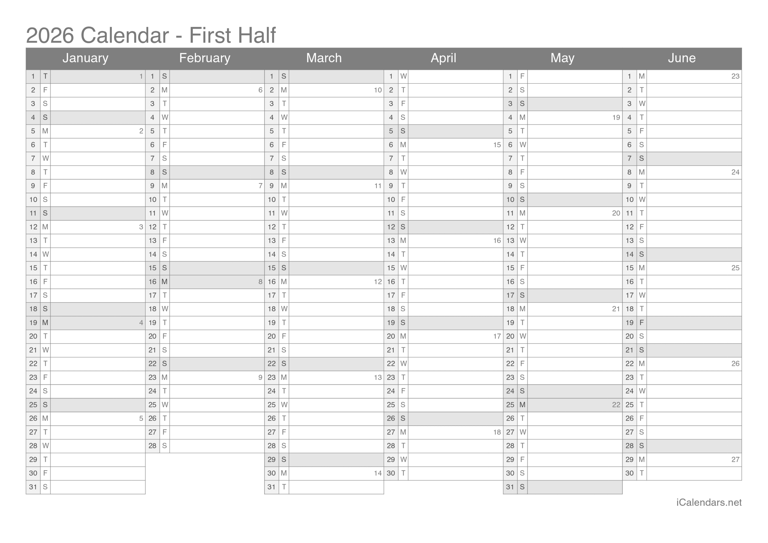 Blank 2026 Yearly Calendar Printable