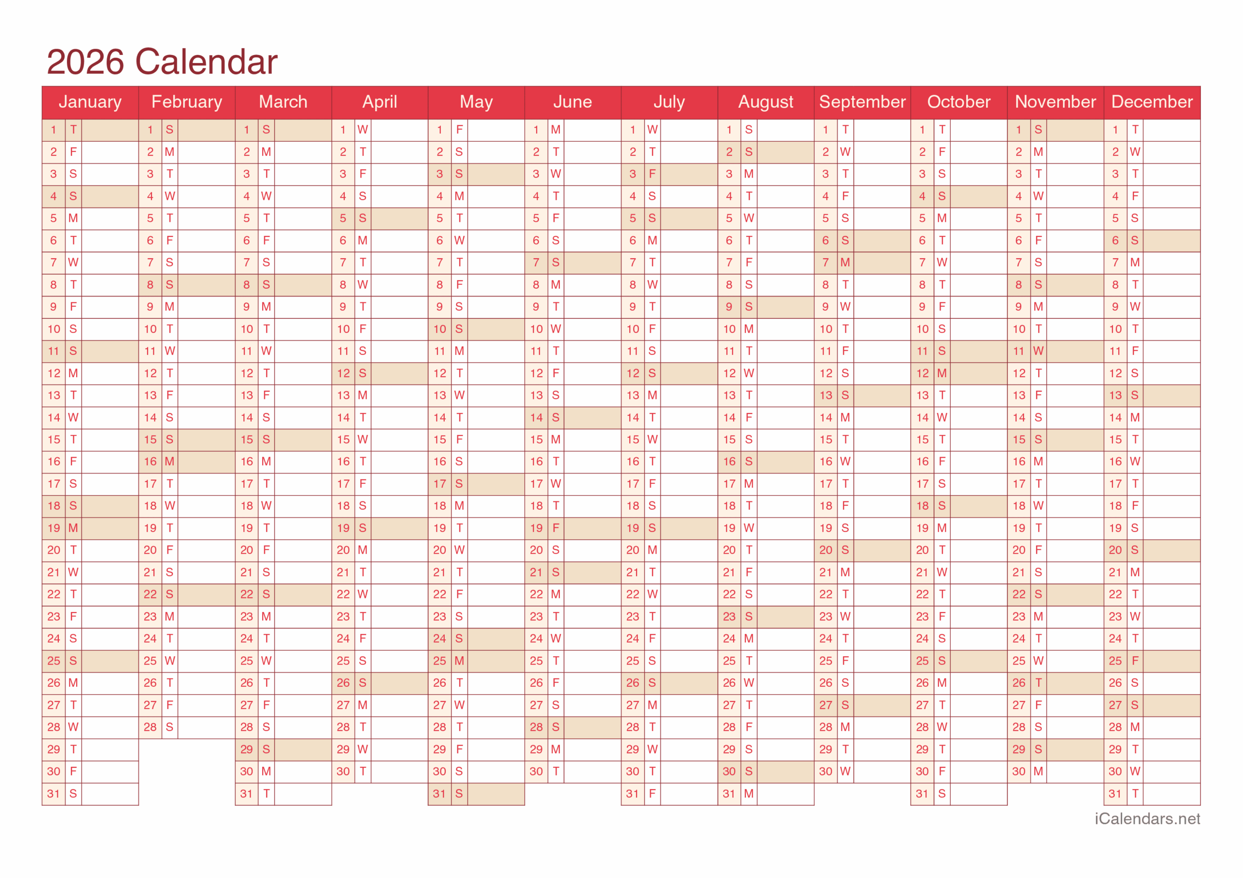 Blank 2026 One Page Calendar Printable