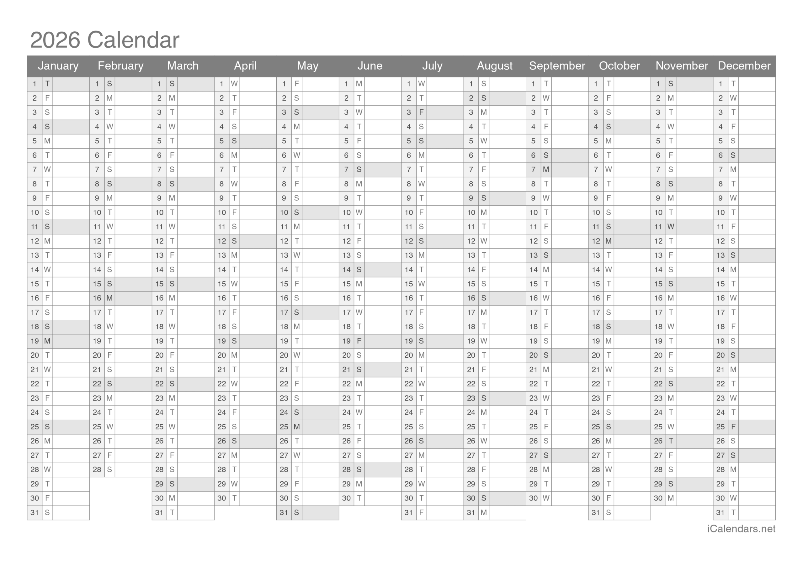 Calendar For The Year 2026