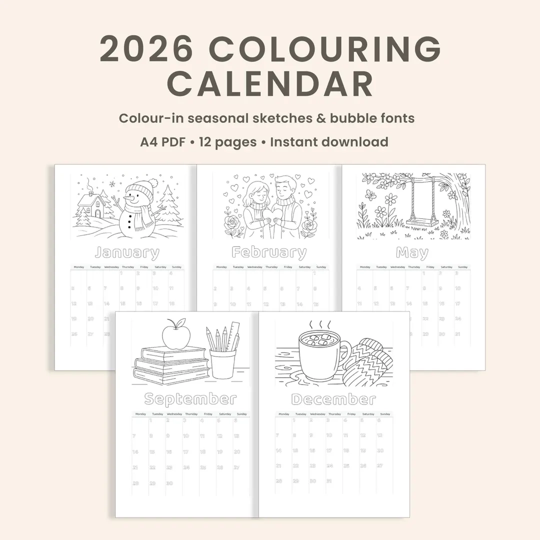 2026 Printable Colouring Calendar 12 month Digital Download 3 2 