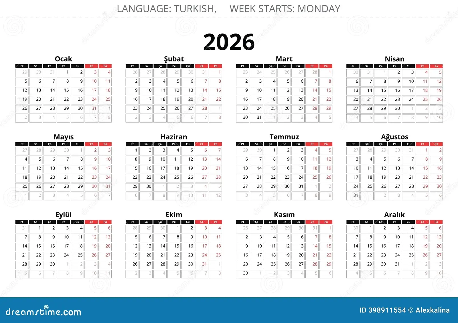 2026 Year Turkish Calendar Vector Illustration Turkey Stock 