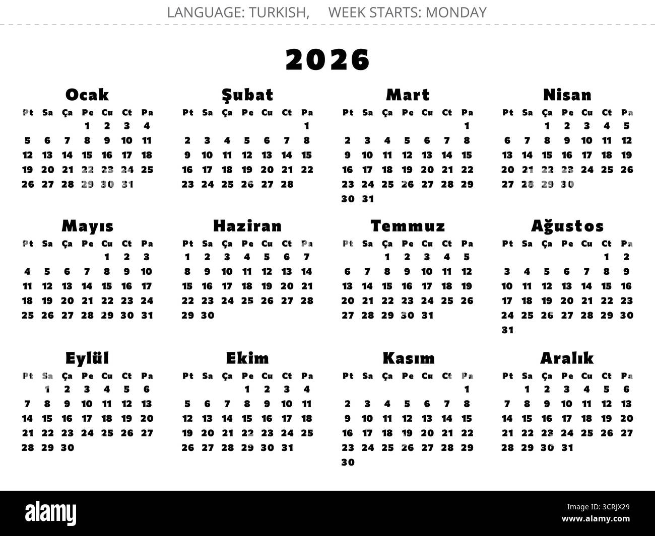 2026 Year Turkish Calendar With Bold Font Vector Illustration For 