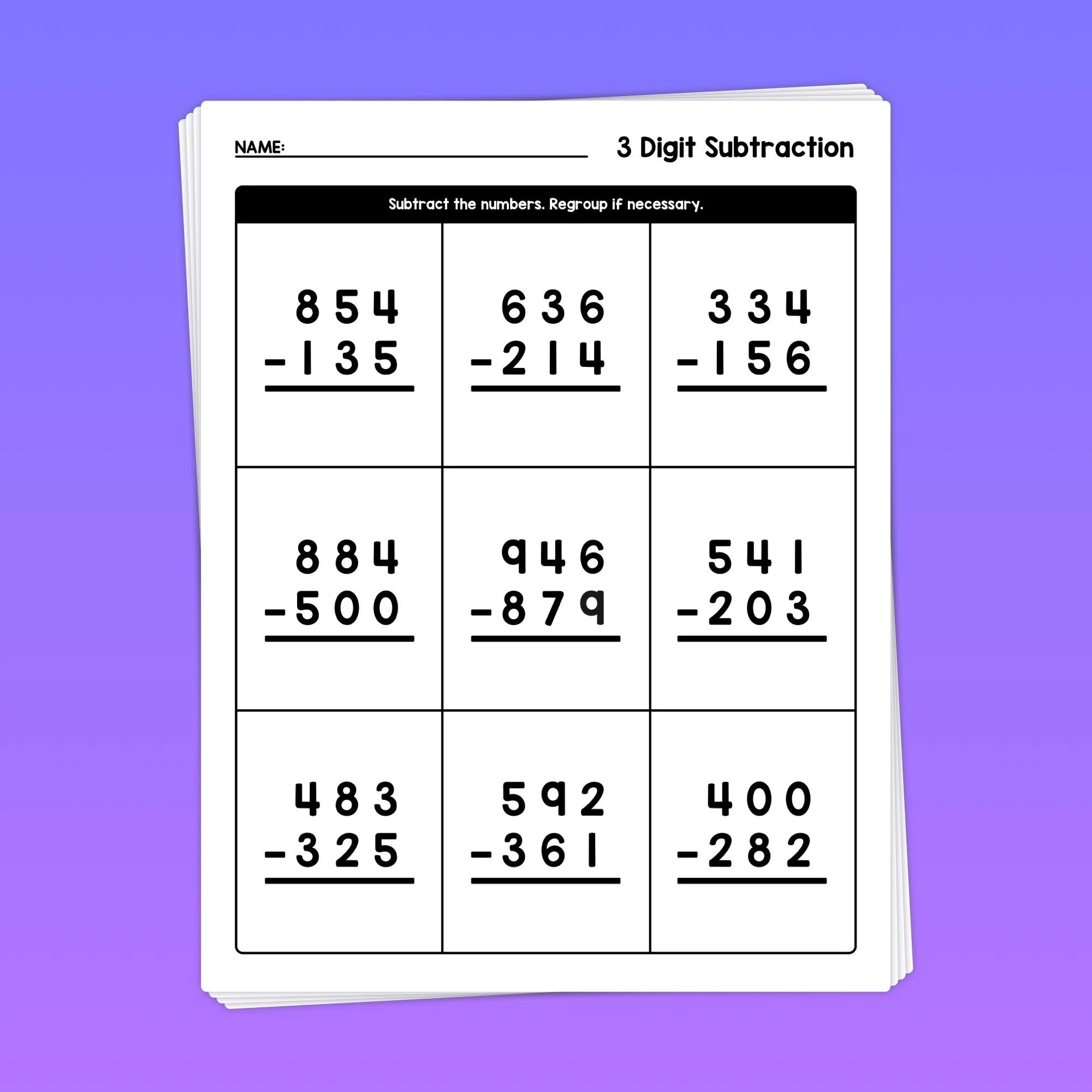 3 Digit Subtraction Worksheets Printable