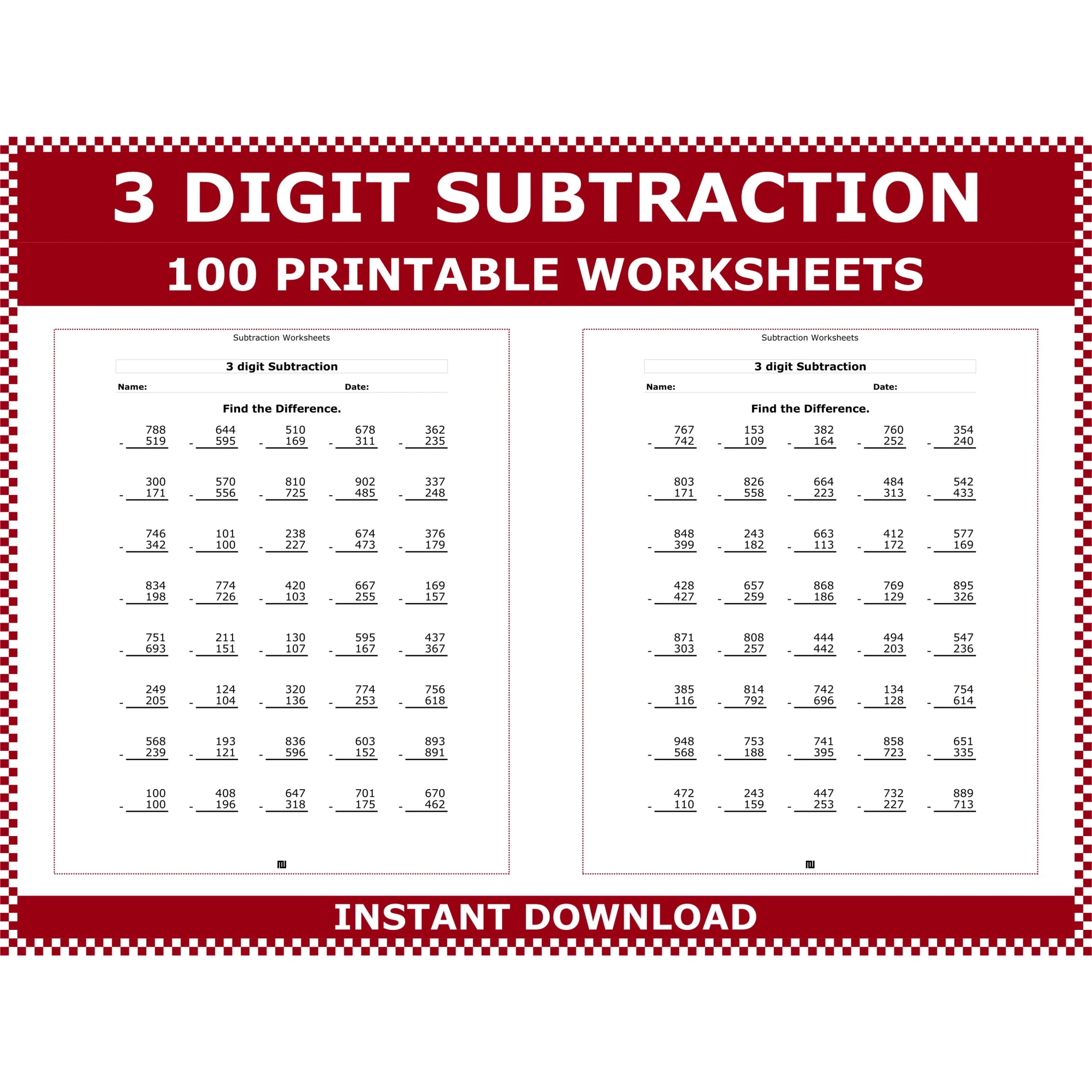 3 digit Subtraction Worksheets 100 Printable Pages PDF Pattern 