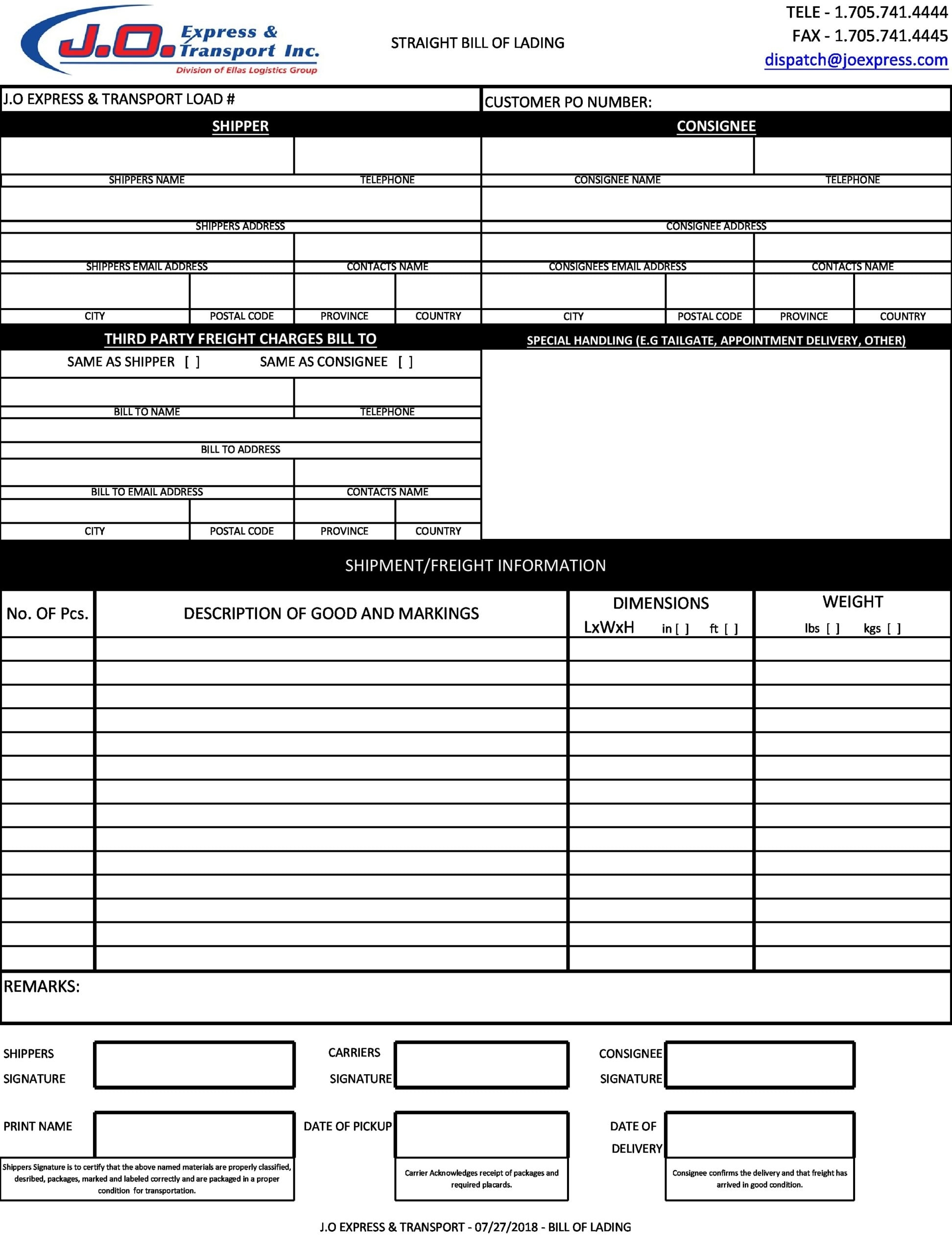 Printable Template Bill Of Lading Form