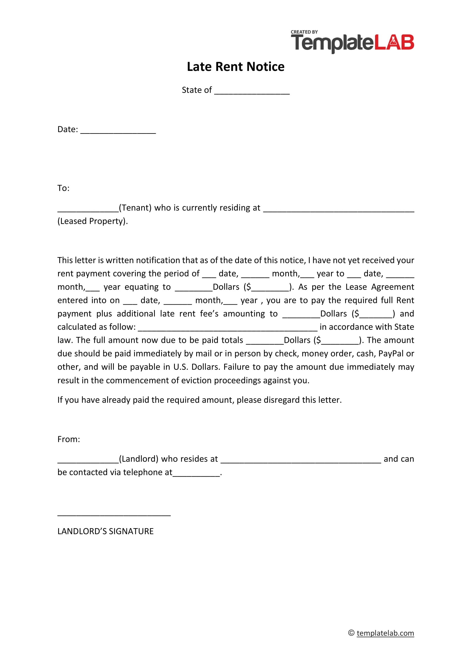 Free Printable Late Rent Notice Template