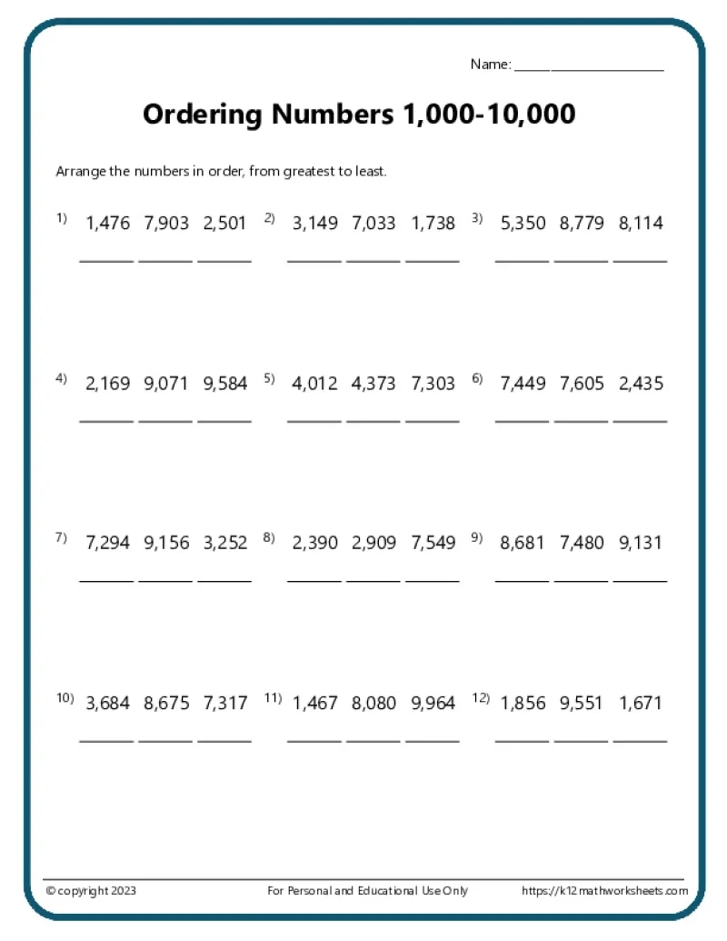 3rd Grade Comparing And Ordering Numbers