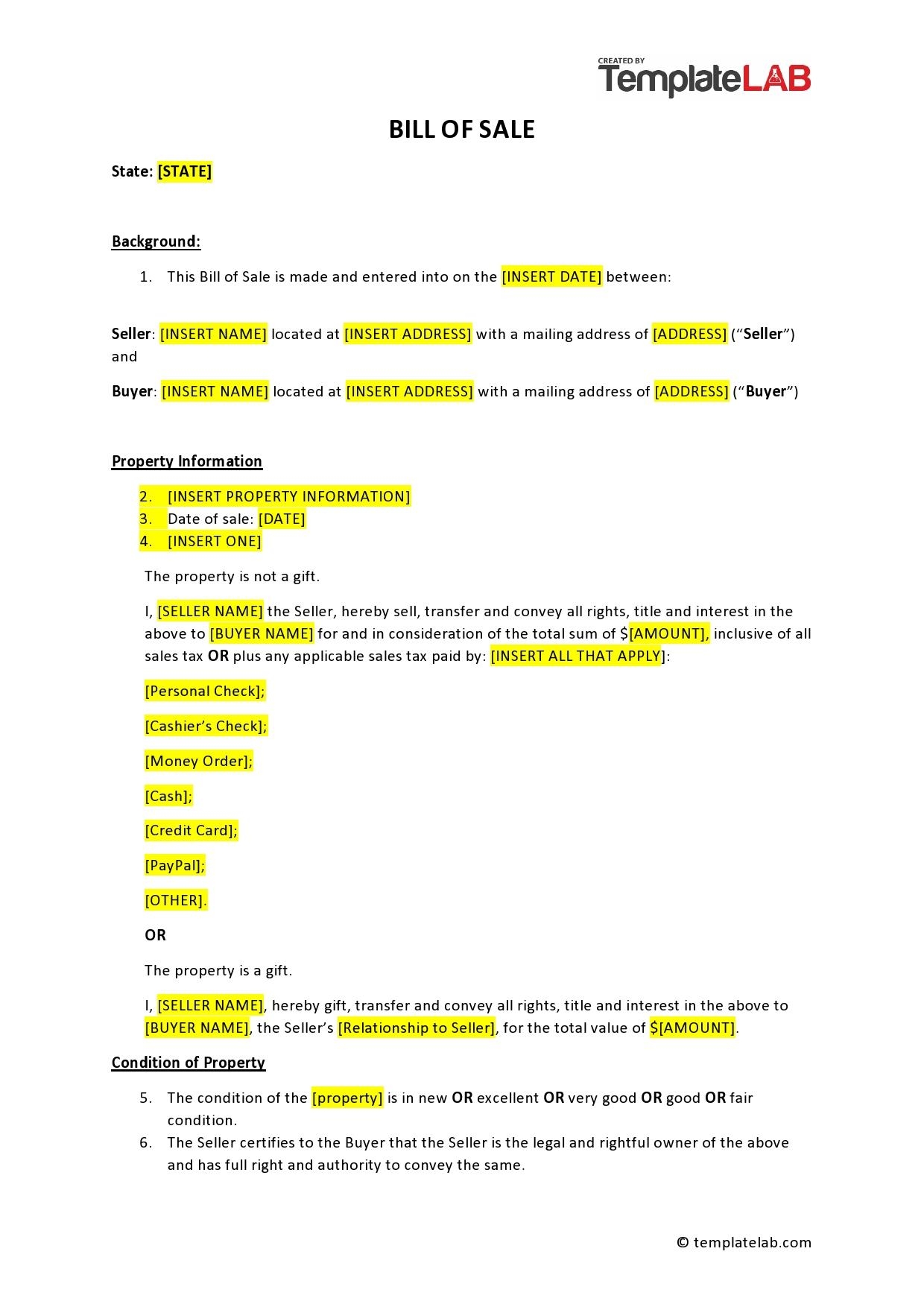 Printable General Bill Of Sale Template Word