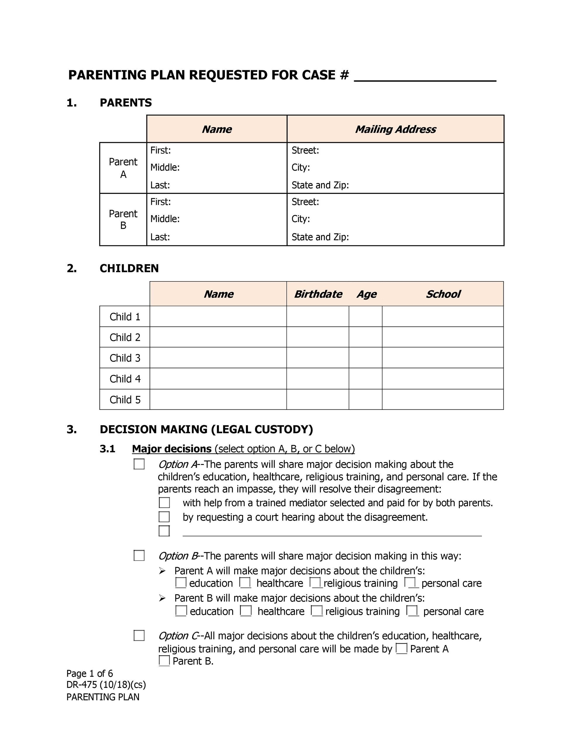 Printable Parenting Plan Worksheet