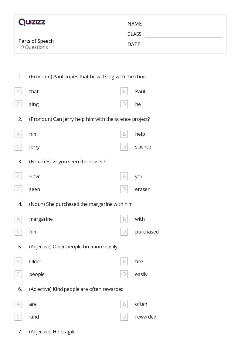 50 Parts Of Speech Worksheets For 6th Grade On Quizizz Free 