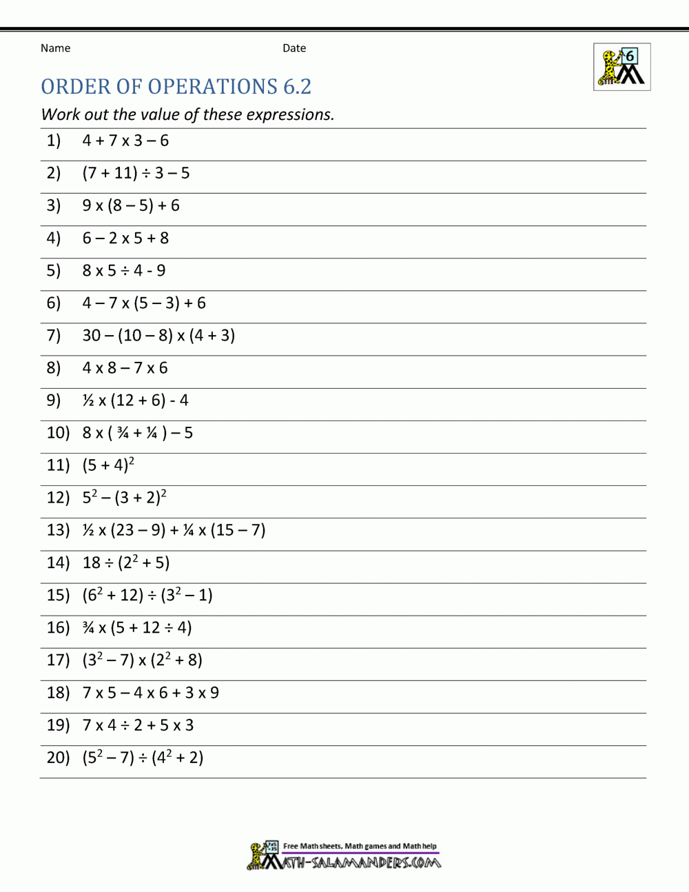 6th Grade Order Of Operations Worksheets