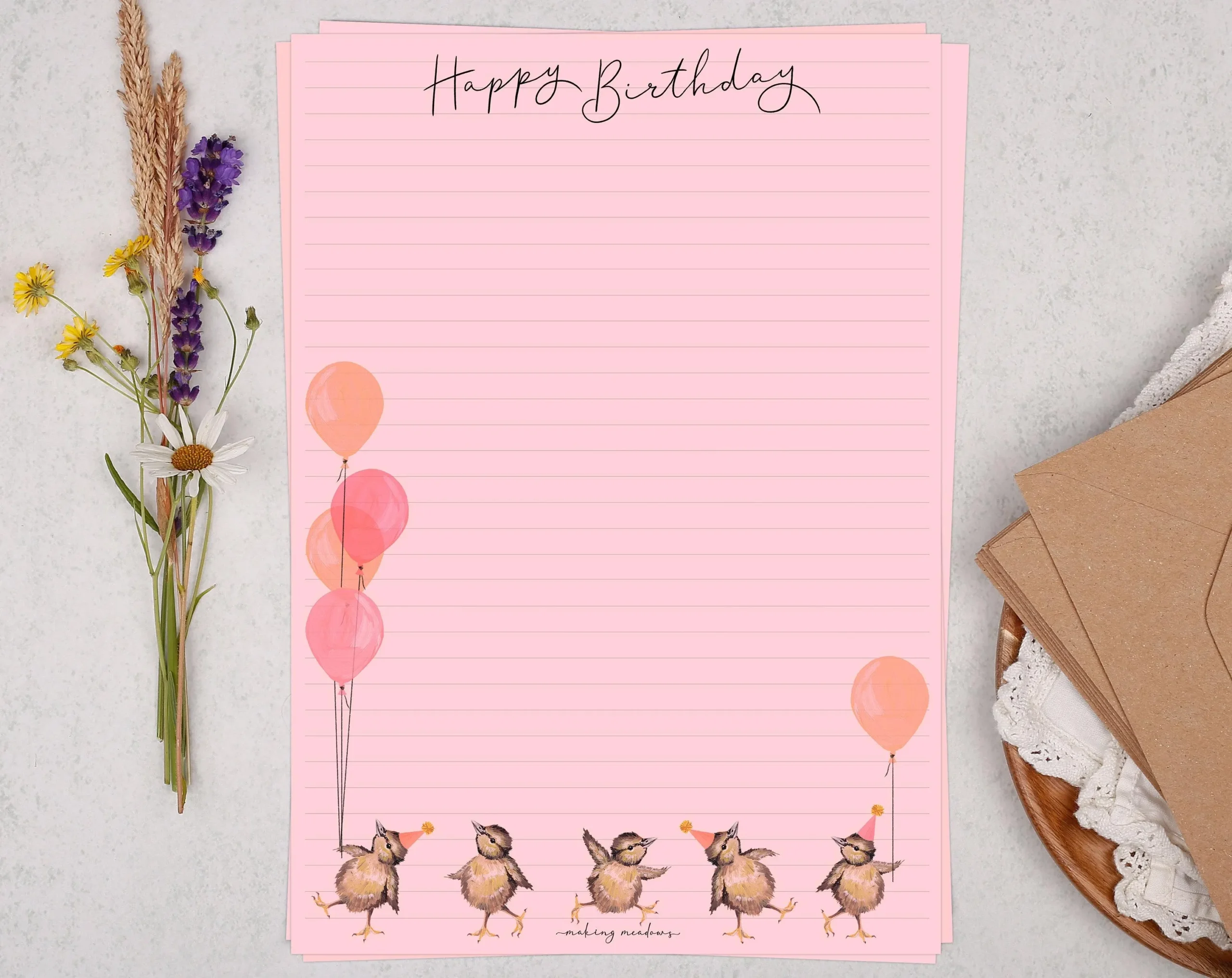 A4 Pink Letter Writing Paper With Birthday Bird Border Lined Or 