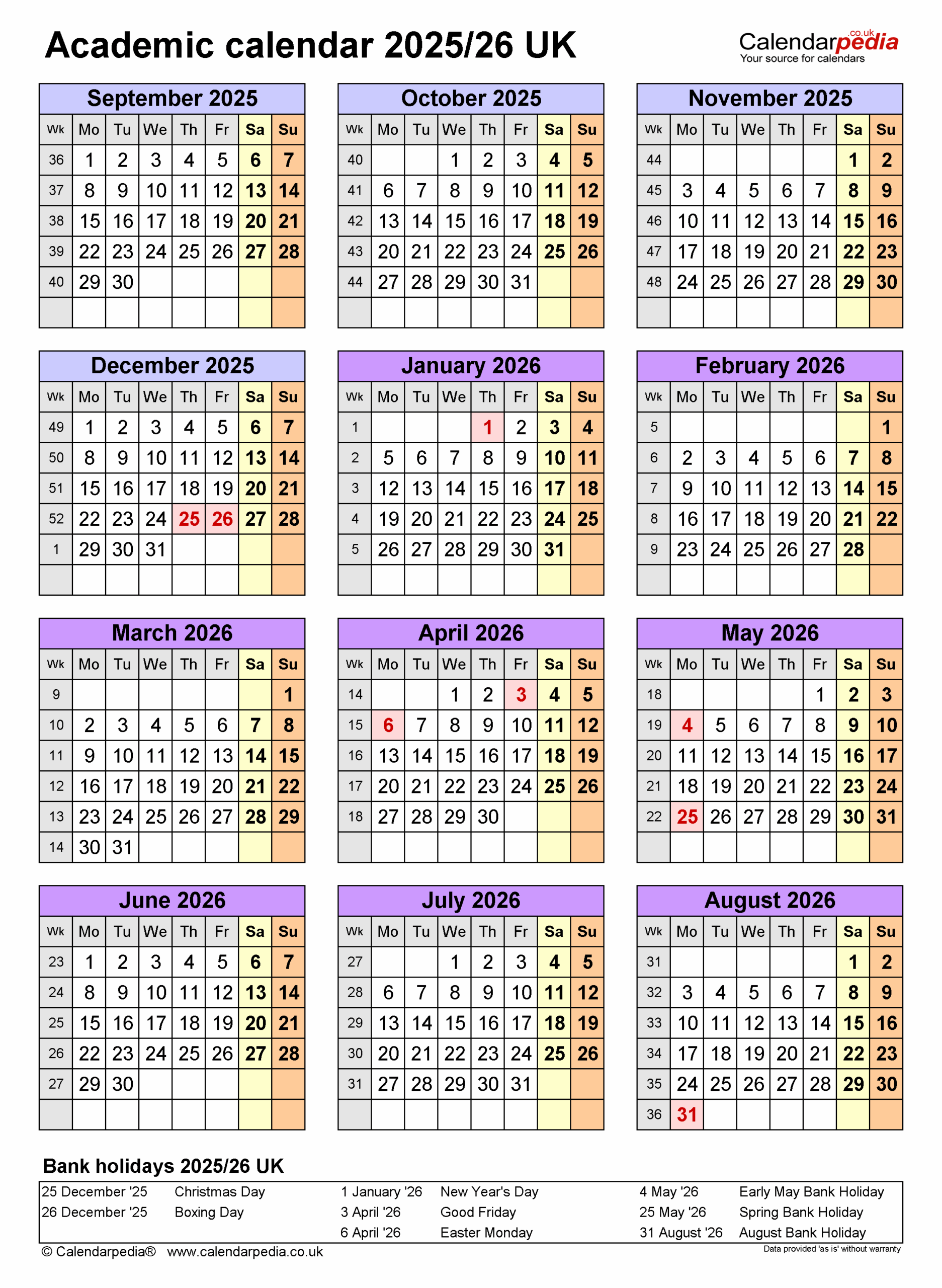 Academic Calendars 2025 26 UK Free Printable Word Templates