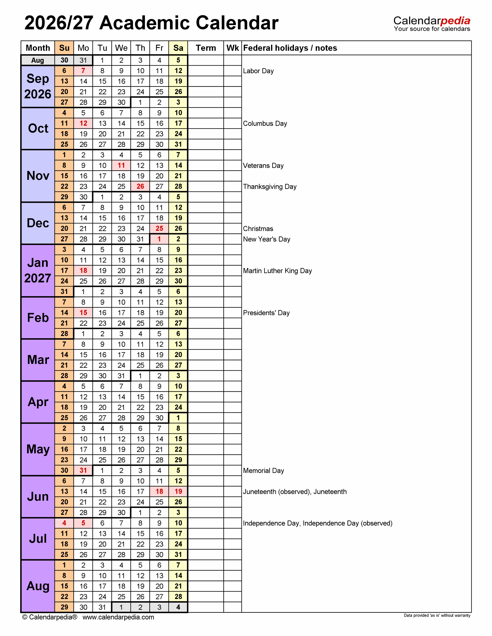 Academic Calendars 2026 2027 Free Printable Word Templates