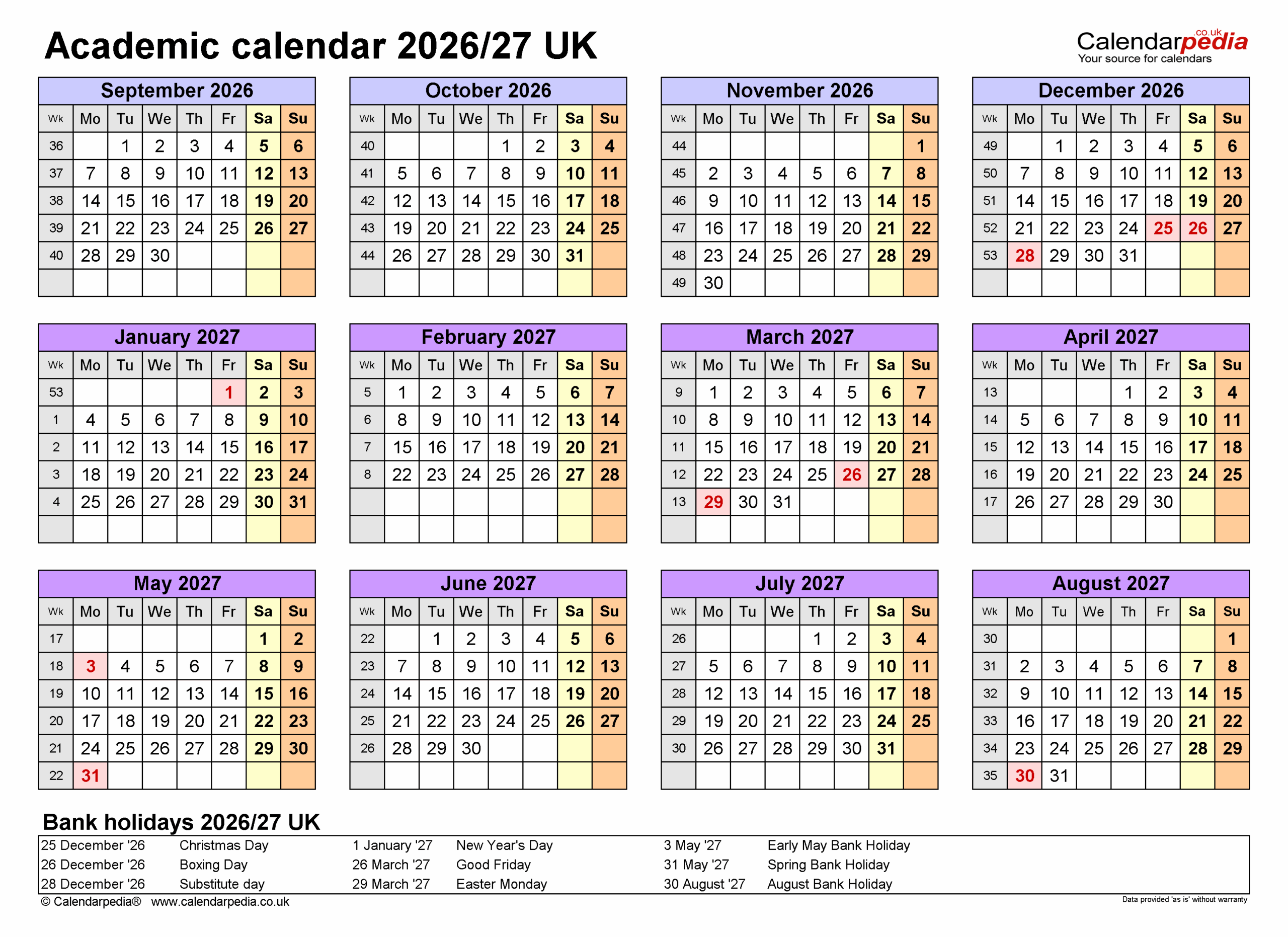 Academic Calendars 2026 27 UK Free Printable Excel Templates