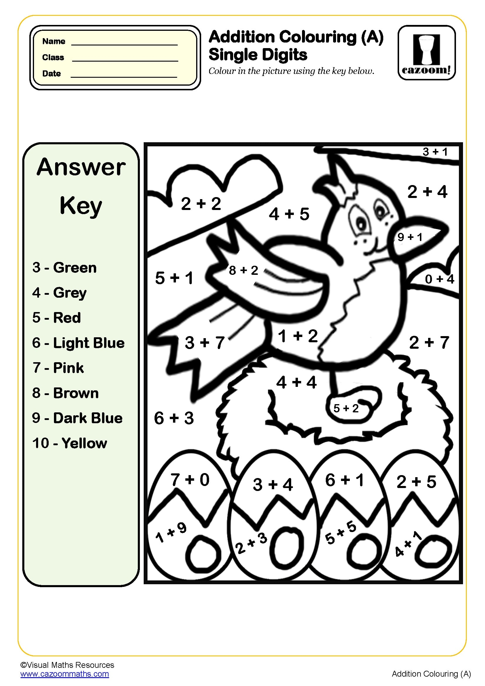 Addition Colouring A Single Digits Worksheet PDF Printable 