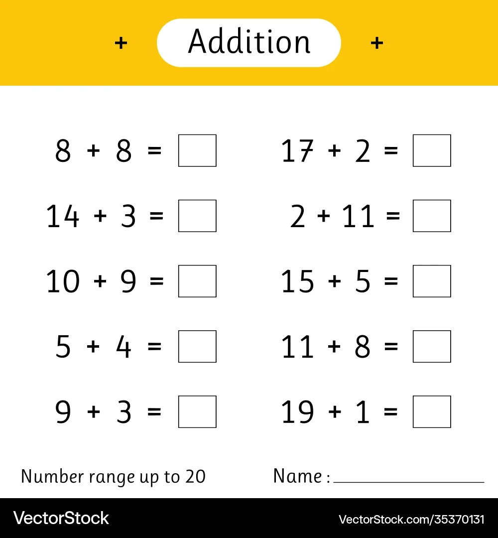 Addition Worksheet Numbers 1 To 20 Royalty Free Vector 