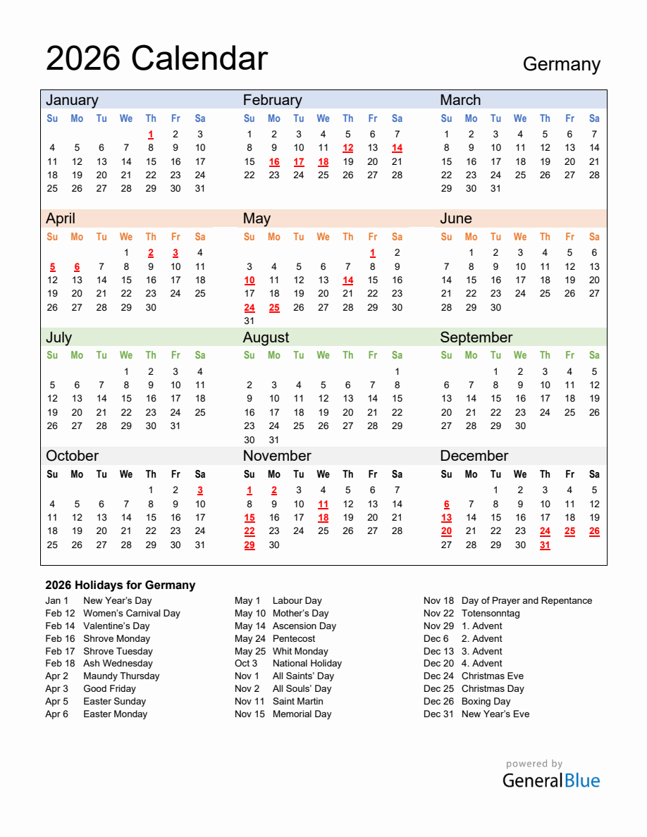 Annual Calendar 2026 With Germany Holidays