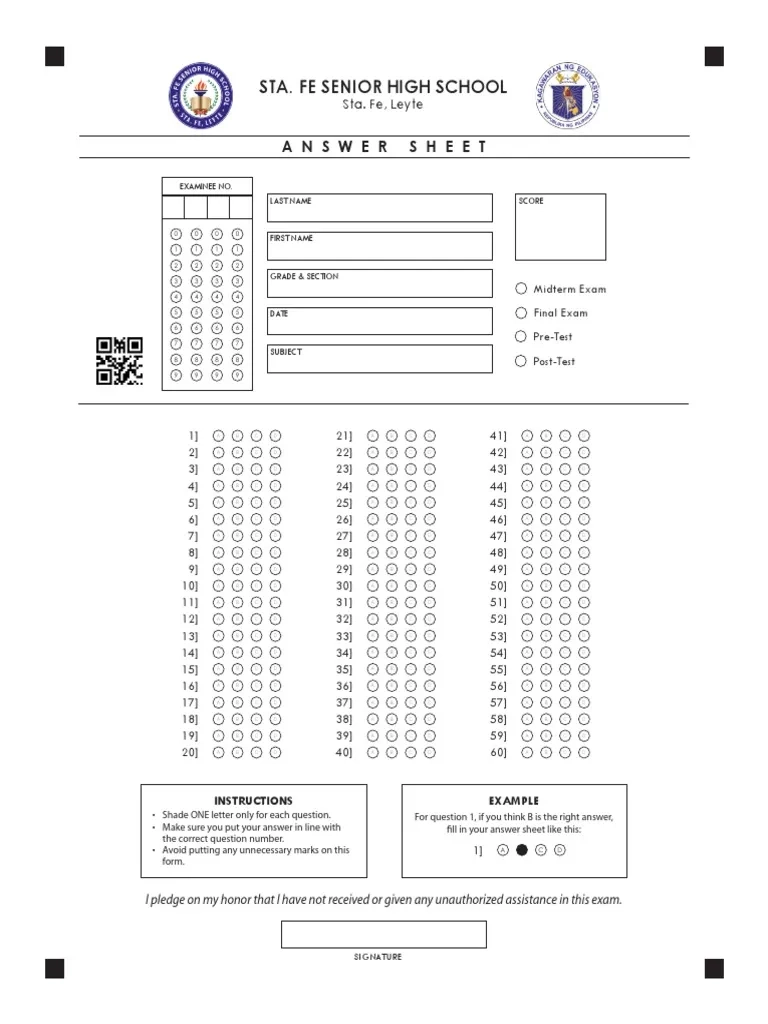 Answer Sheet Sample For Shading PDF Tests Student Assessment 