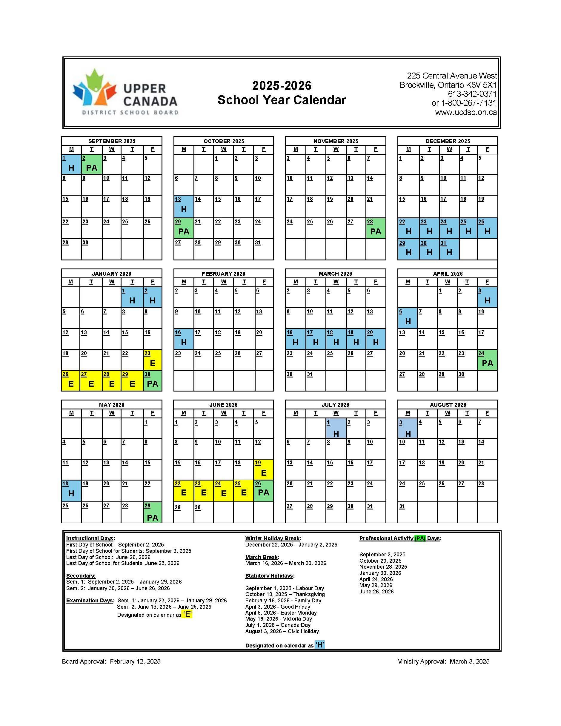 Approved 2025 2026 School Year Calendar Upper Canada District 