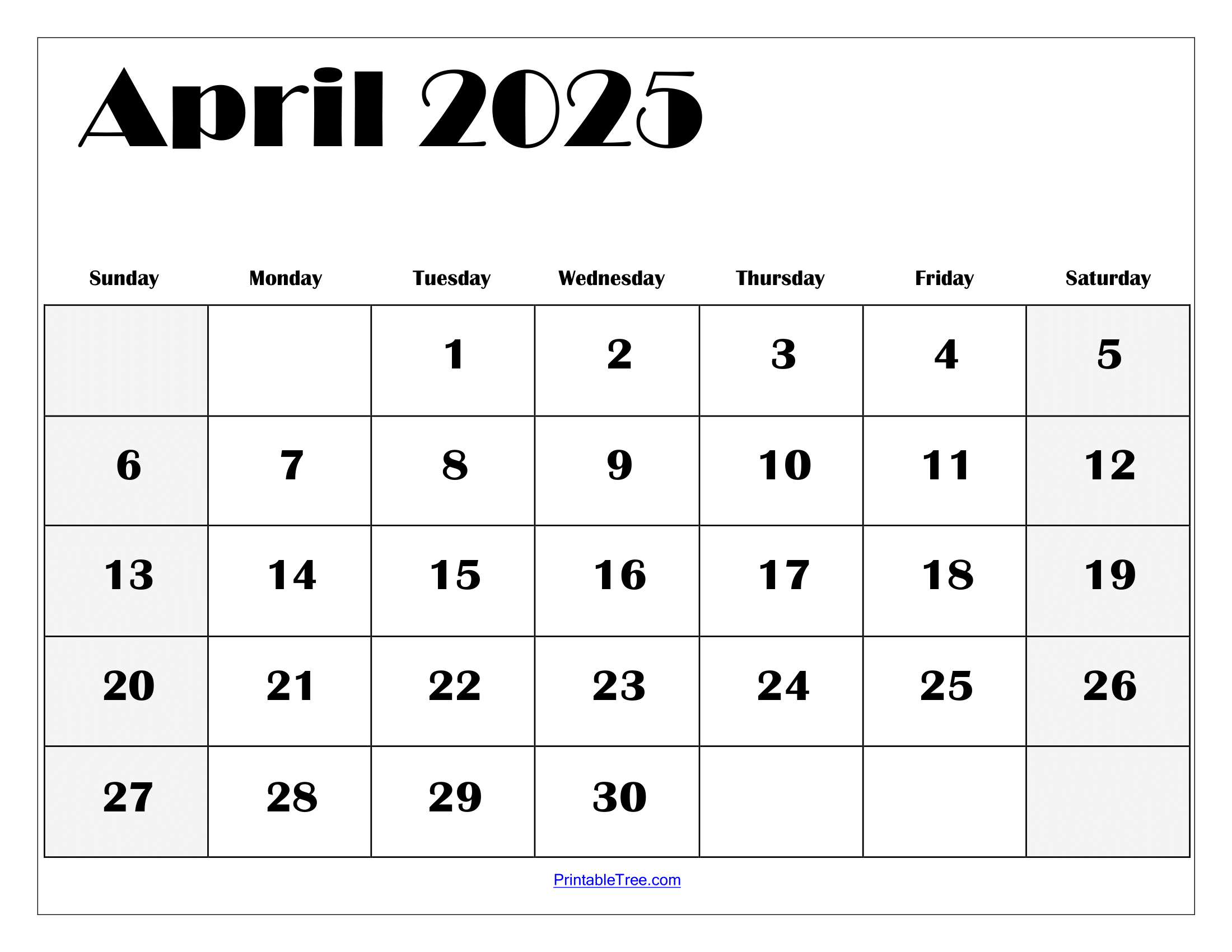 Blank April Calendar Printable